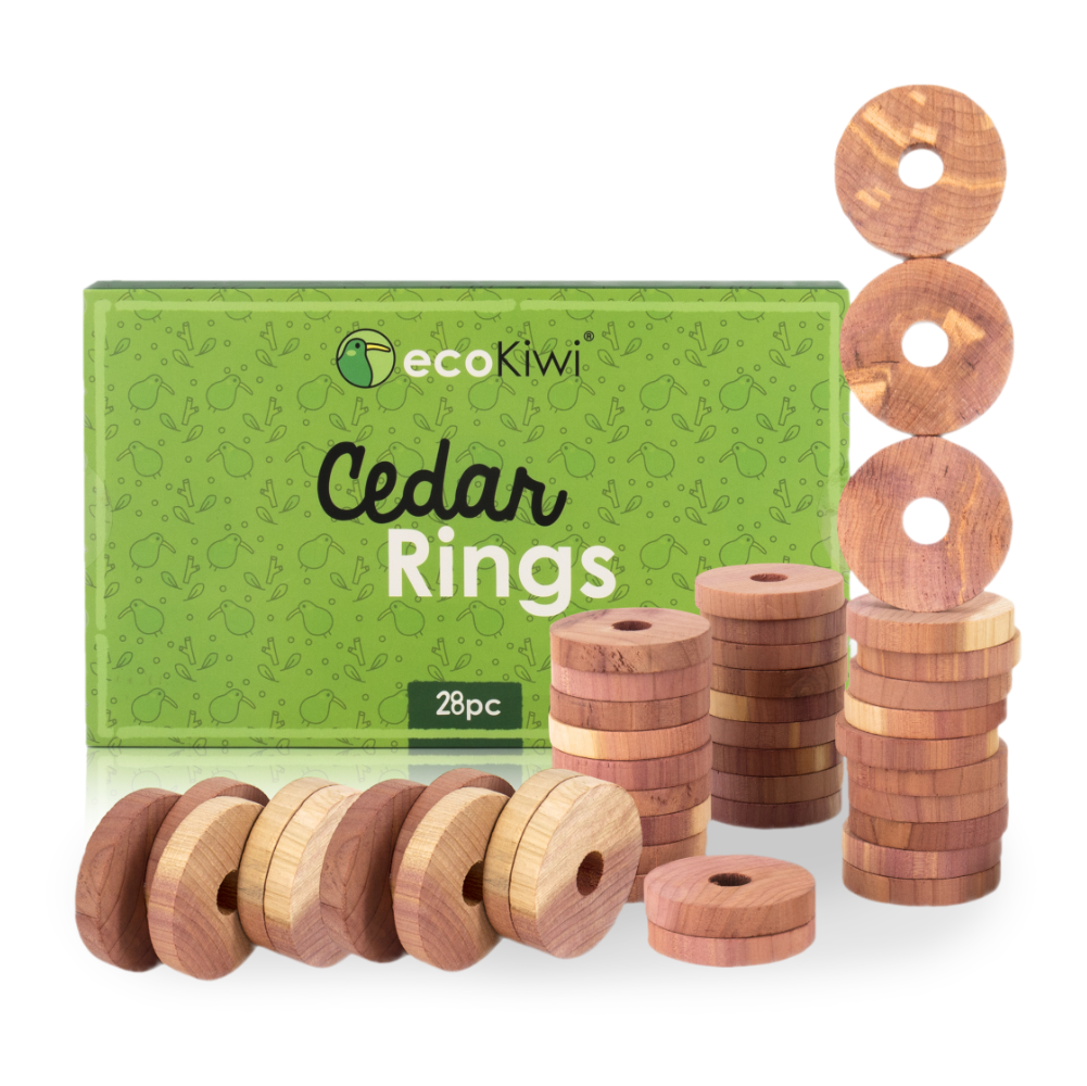 Natural cedar rings used to get rid of clothes moths in a wardrobe